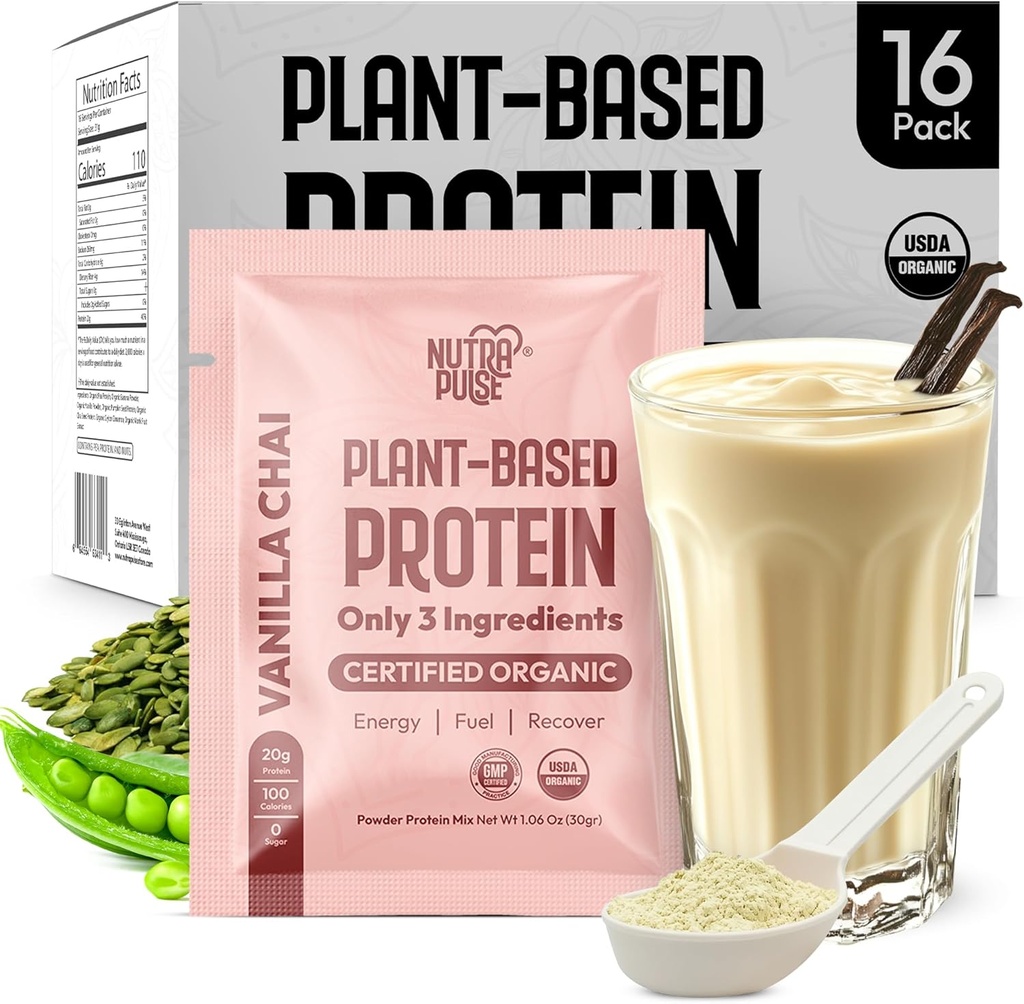 Vanilla Chai Vegan Protein Powder Sample Pack - 20g Organic Plant- Based Protein - NutraPulse - Gluten- Free, Soy- Free, Non-GMO - Clean & Easy to Digest - Smoothie Friendly - 16 Single Service