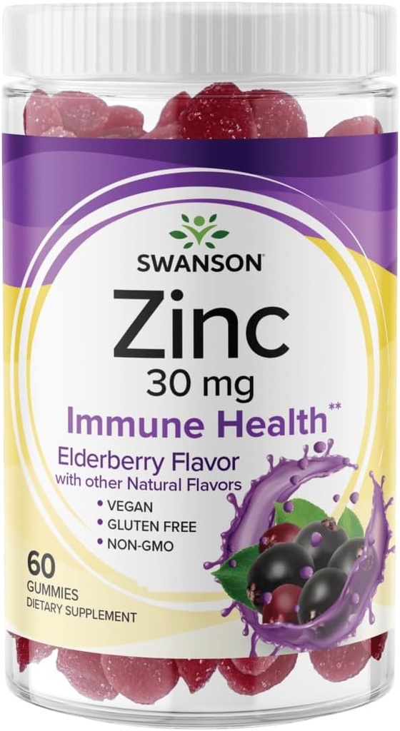 Swanson Zinek Gummies - Všechny přírodní vitamin dodatek Podpora antioxidační aktivity & Body Defense - Pomáhá podporovat váš imunitní systém & Zdravé tělo - (Elderberry, 60 Gummies)