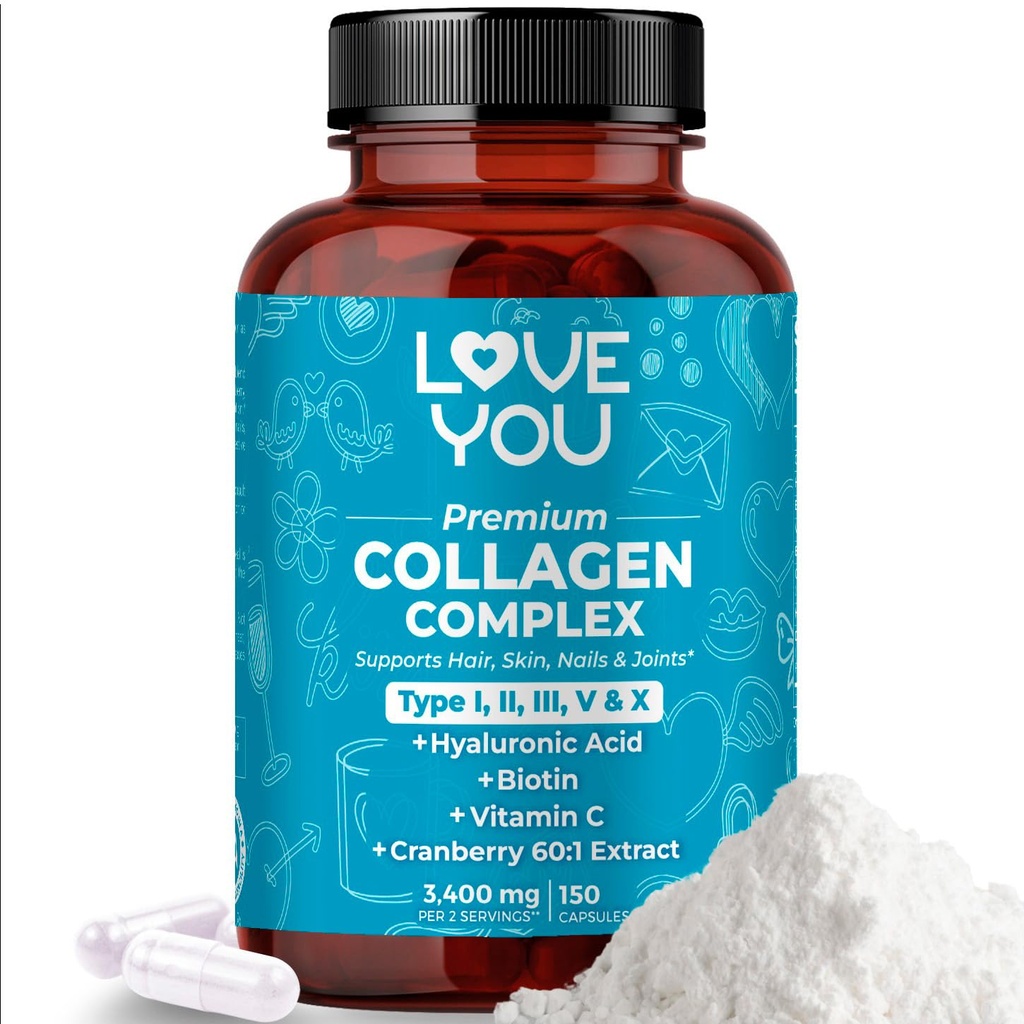 Love You Premium Collagen Complex - Typy I, II, III, V & X - Vlasy, kůže, hřebíky, Sponky & Gut Support - Hydrolyzované hovězí kolagen Peptidy - Grass-Fed, Non- GMO, 120 Kapsle, USA Made
