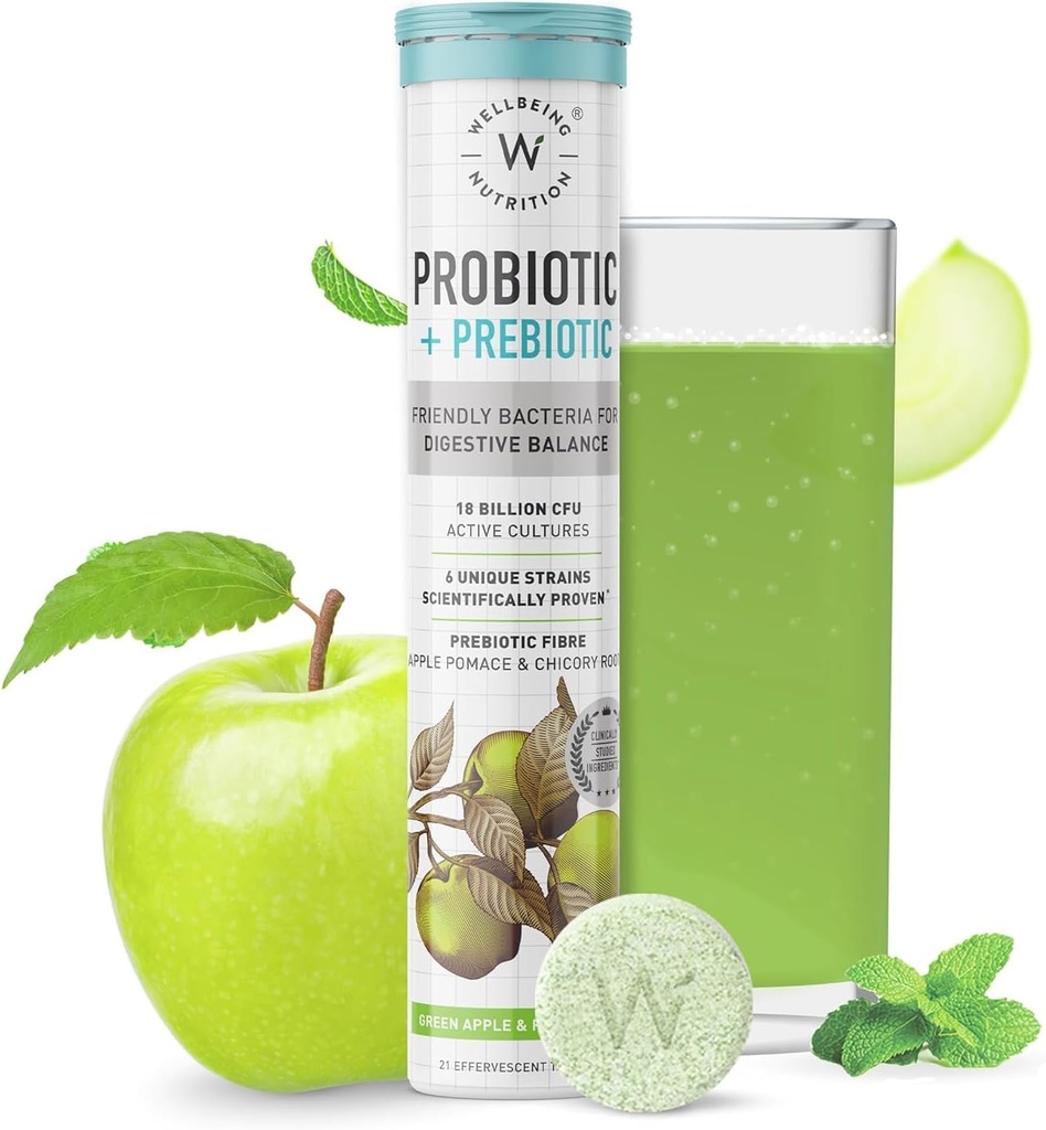 Wellbeing Nutrition Daily Probiotics + Prebiotics PHI124; Zlepšit metabolismus, Relief kyselosti, Digestion & Gut Health PHI124; 18 Billion CFU Organic Probiotics Dodatek pro muže a ženy (21 Effervescent Tabs)