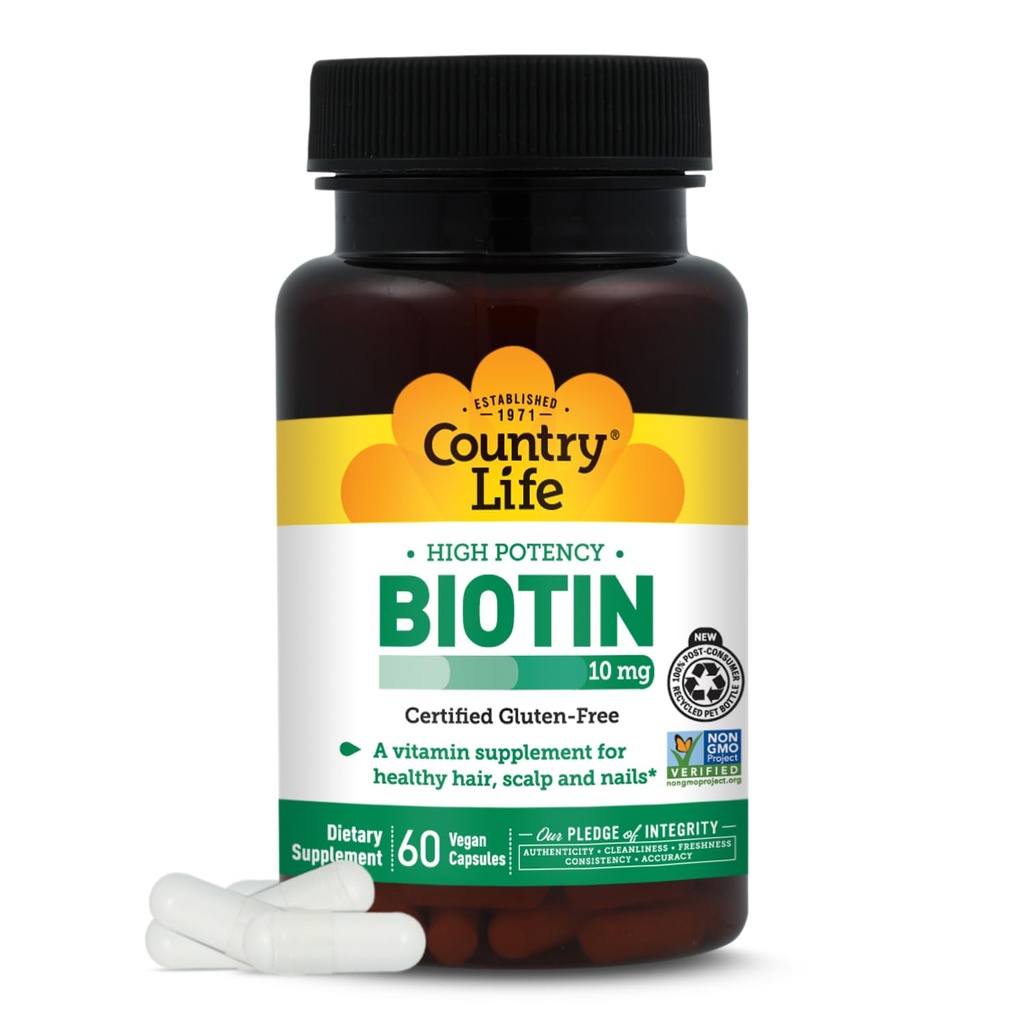 Country Life Vitamíny High potency Biotin 10,000 mcg (10 mg), 60 Počet - dodatek pro vlasy, skalp a nehty - Certified gluten zdarma