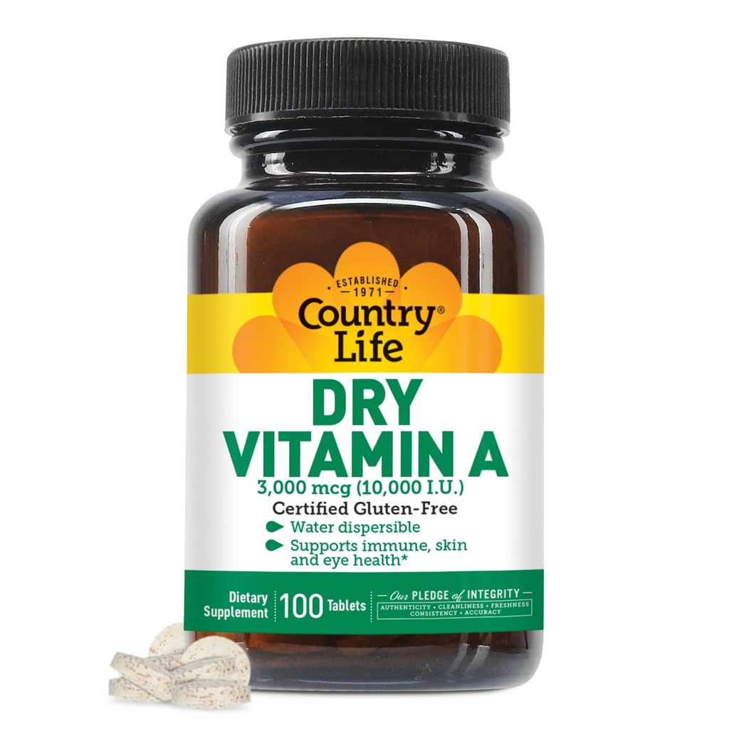 Country Life Vitamin A 10,000 IU - Imunitní podpora, Kožní a oční doplněk, Certified gluten- Free, Vegan, Halal, Kosher, 50% Beta- karoten & 50% Retinyl Palmitát, Easy Absorpce - 100 Tablet