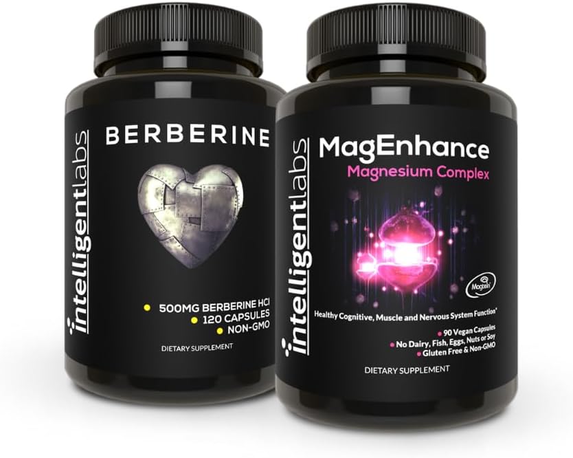 Inteligentní Labs 2- in-1 Bundle MagEnhance Magnesium Supplement (komplex magnesium L- Threonátu s Mg Glycinátem a Mg Taurate) a Max síla Berberine 500MG Kapsle