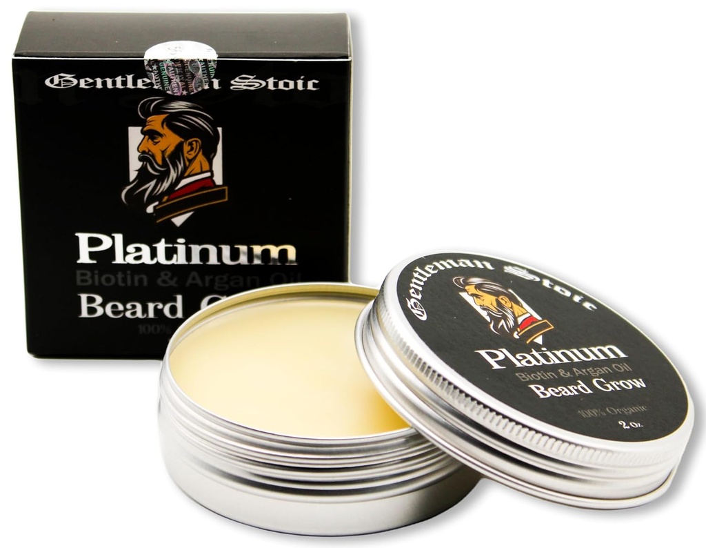 Platinum Beard Grow- Všechny přírodní balzám pro muže - Biotin Enhanced Balm s Argan & Vitamin E Infused leave in bravurní kondicionér pro muže - Vanilla Spice (2oz - balení po 1)