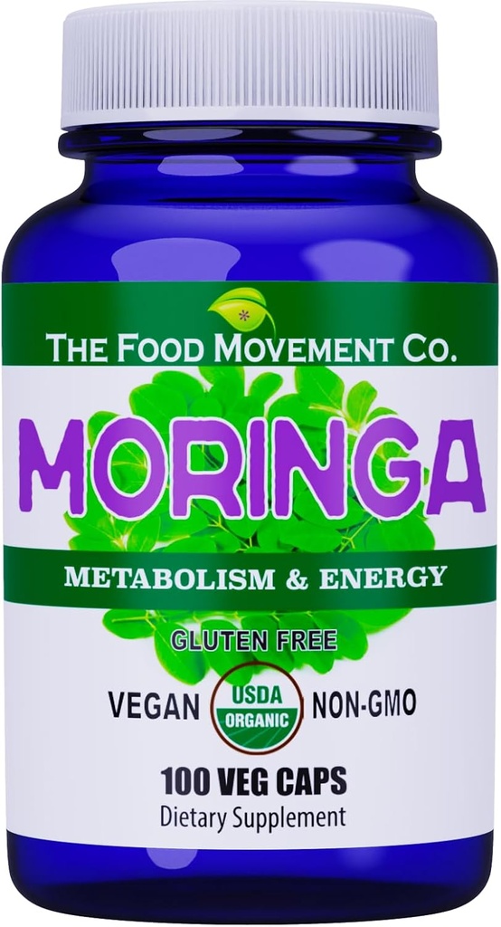 Food Movement CO. Moringa - Certified Organic Superfood, All Body Wellness, Natural Energy Support, Podporuje zdravý metabolismus - 100 Vegan Kapsle