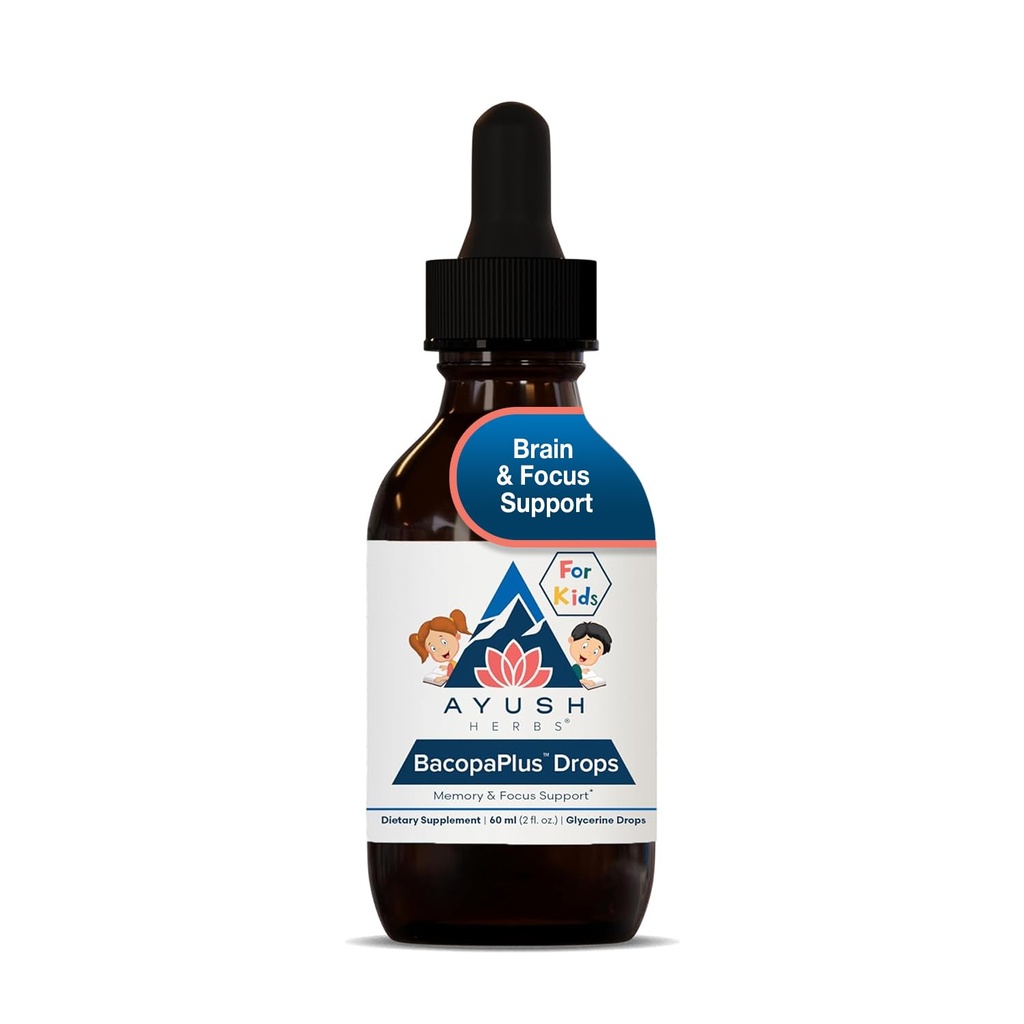 Ayush Herbs BacopaPlus Drops for Kids - Dětské soustředění a pozornost Dodatek s Bacopa, Ashwagandha, Ginkgo, Podpora mozku a paměti, Organic Ingredients - 2 Fl Oz (80 Služeb)