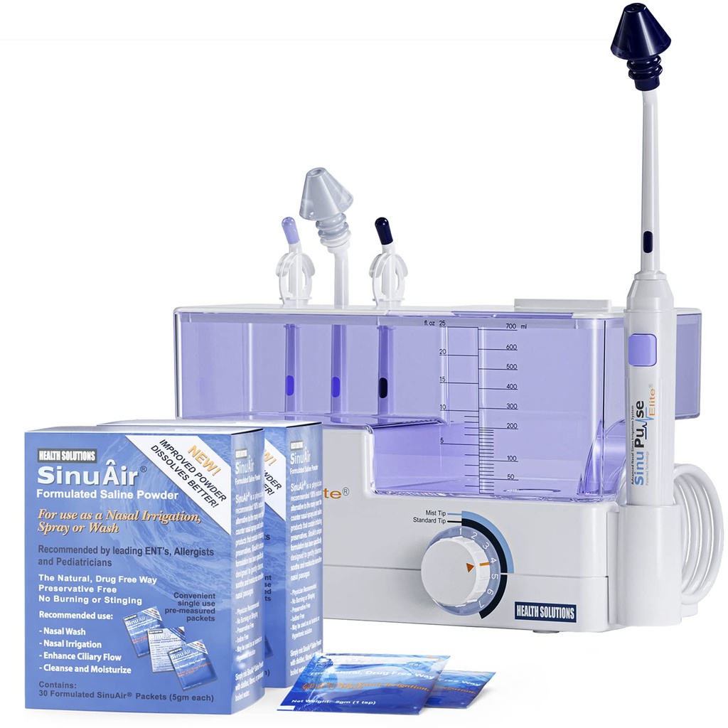SinuPulse Elite Advanced Nasal zavlažovací systém - Pulzující sinusový shluk Relief & Sinus Rinse Machine, účinnější než Neti Pot, Nose Spray nebo Nasal Wash Lahvička, s 90 SinuAir Packets