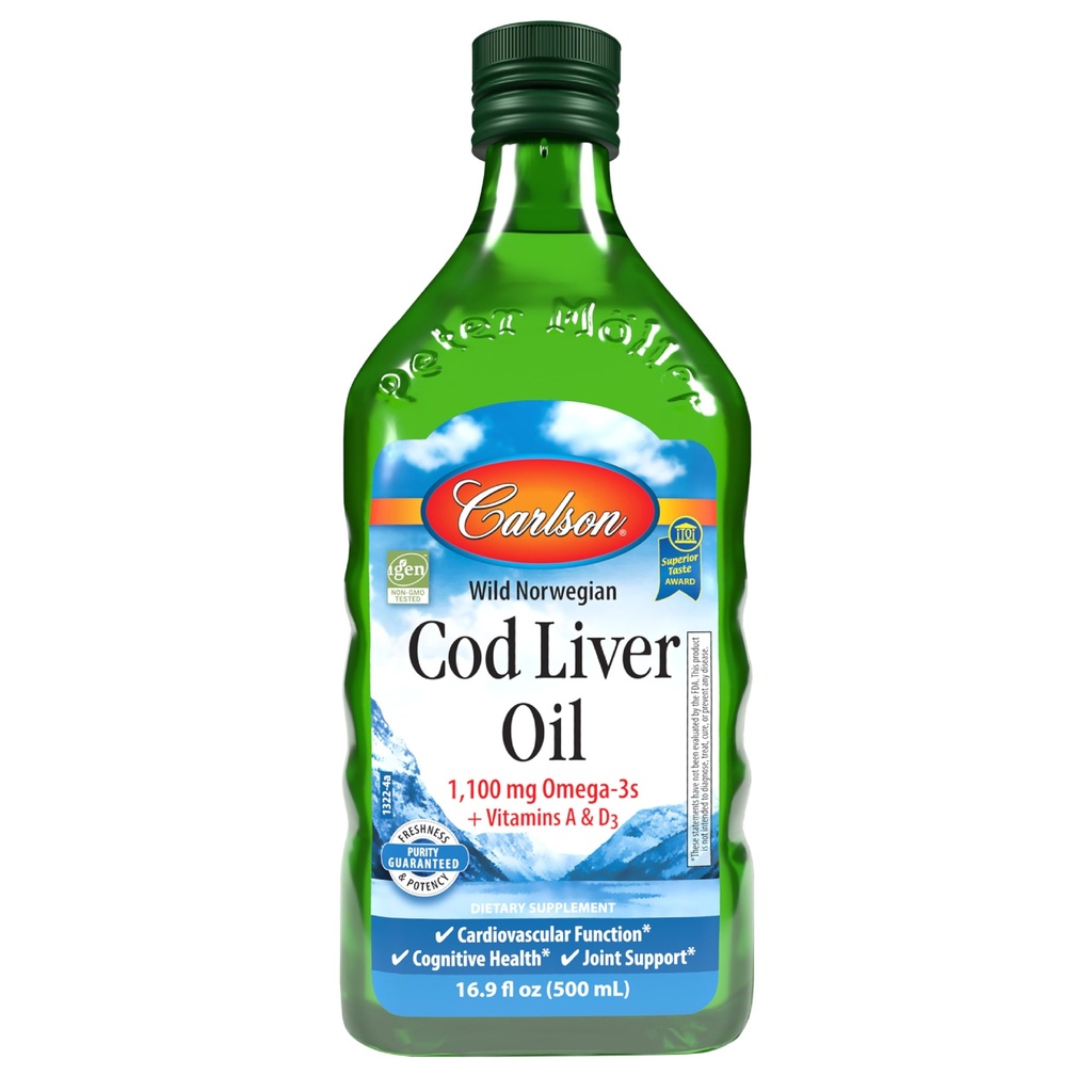 Carlson - Cod Equipment Oil, 1100 mg Omega-3s, Wild-Catched Nord Arctic Cod- Equipment Oil, Sustainable Sourced Nordic Fish Oil Liquid, Unflaured, 500 ml (16.9 Fl Oz)