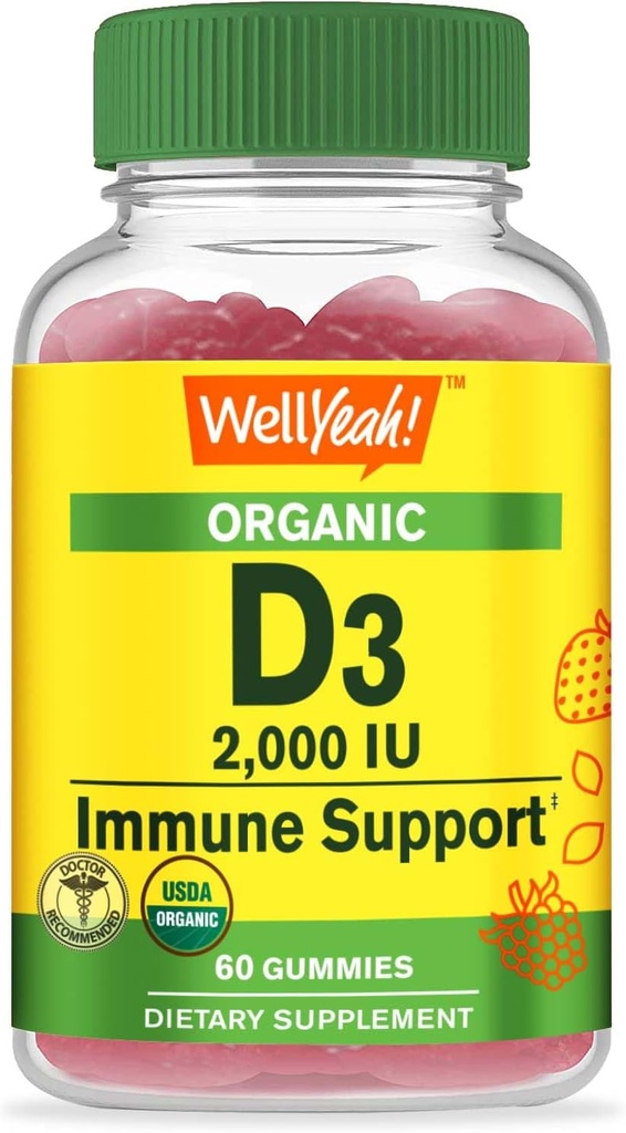 WellYeah Organic Vitamin D3 2000 IU (50 mcg) Gummies - Podporuje kost, svalovou sílu a imunitu - Non- GMO, gluten Free - USDA Organic - Přírodní příchutě - 60 Gummies