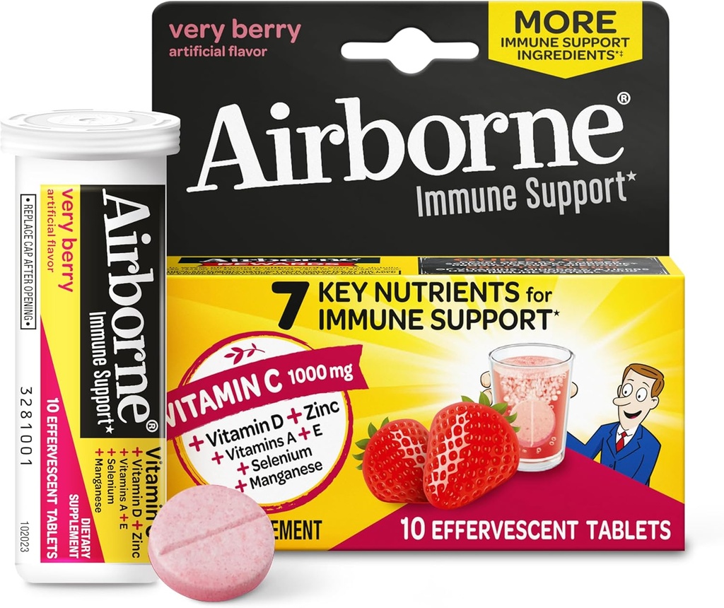 Vitamin C 1000mg (per Serving) - Airborne Very Berry Effervescent Tablety (10 Počet v krabici), gluten- Free Imunitation Supplement, s vitaminy A C E, ZINC, Selen, Echinacea & Ginger