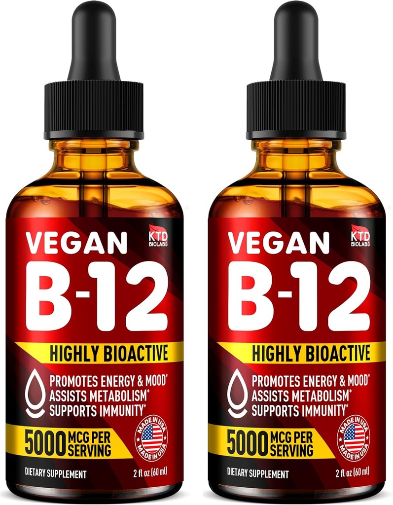 Balení po 2 - B12 Sublingválních 5000 mcg Drops - Made in USA - Vegan B12 Vitamíny pro energii, Mood & Paměť - Vysoce biologicky dostupné Sublingvální Drops - Methylkobalamin pro ženy a muže - 2 fl. oz.