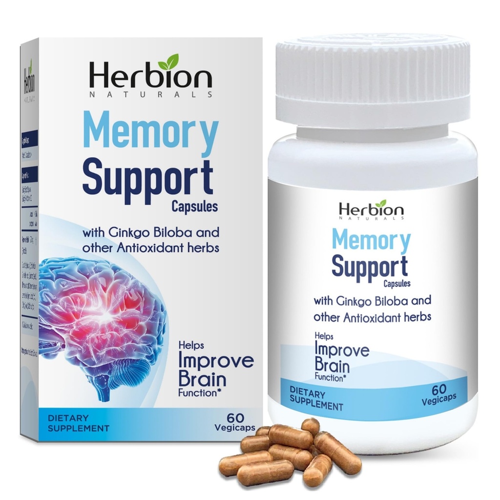 HERBION Naturals Memory Support Kapsle, Pomáhá zlepšit funkci mozku & Absent Mendity, Udržuje zdravé hladiny moodů s Ginkgo Biloba, pro dospělé, 60 Počet, Balení po 1