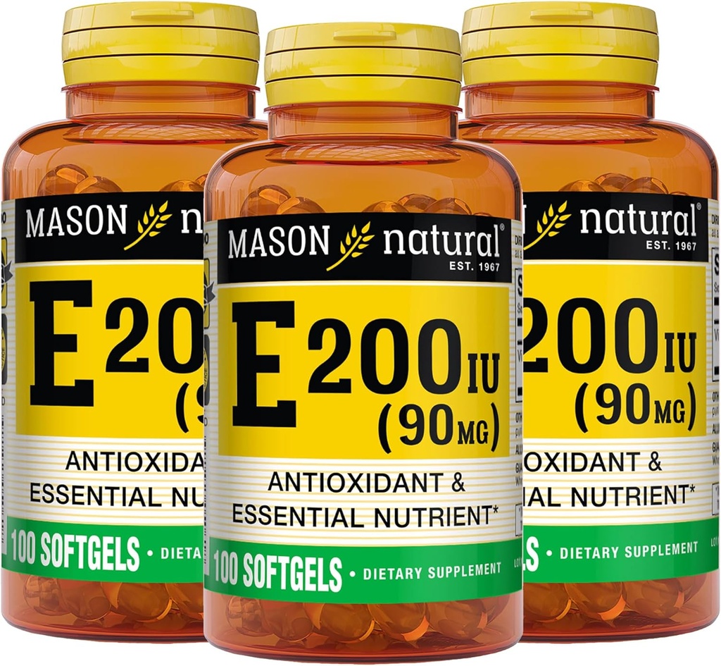 MASON NATURAL Vitamin E 90 mg (200 IU) - Antioxidant a esenciální výživa, zdravý imunitní systém, kůže a oči, dodatek k celkovému tělu, 100 Softgels (balení po 3)