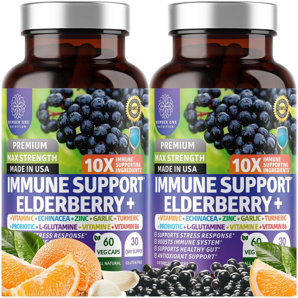 2 Pack N1N Premium 10 v 1 Doplněk imunitní podpory [10 Potenciální přísady] s Elderberry, Vitamin C, Zinek, Echinacea, Kurkumin, Česnek a Probiotika pro dospělé, 120 Veg Caps