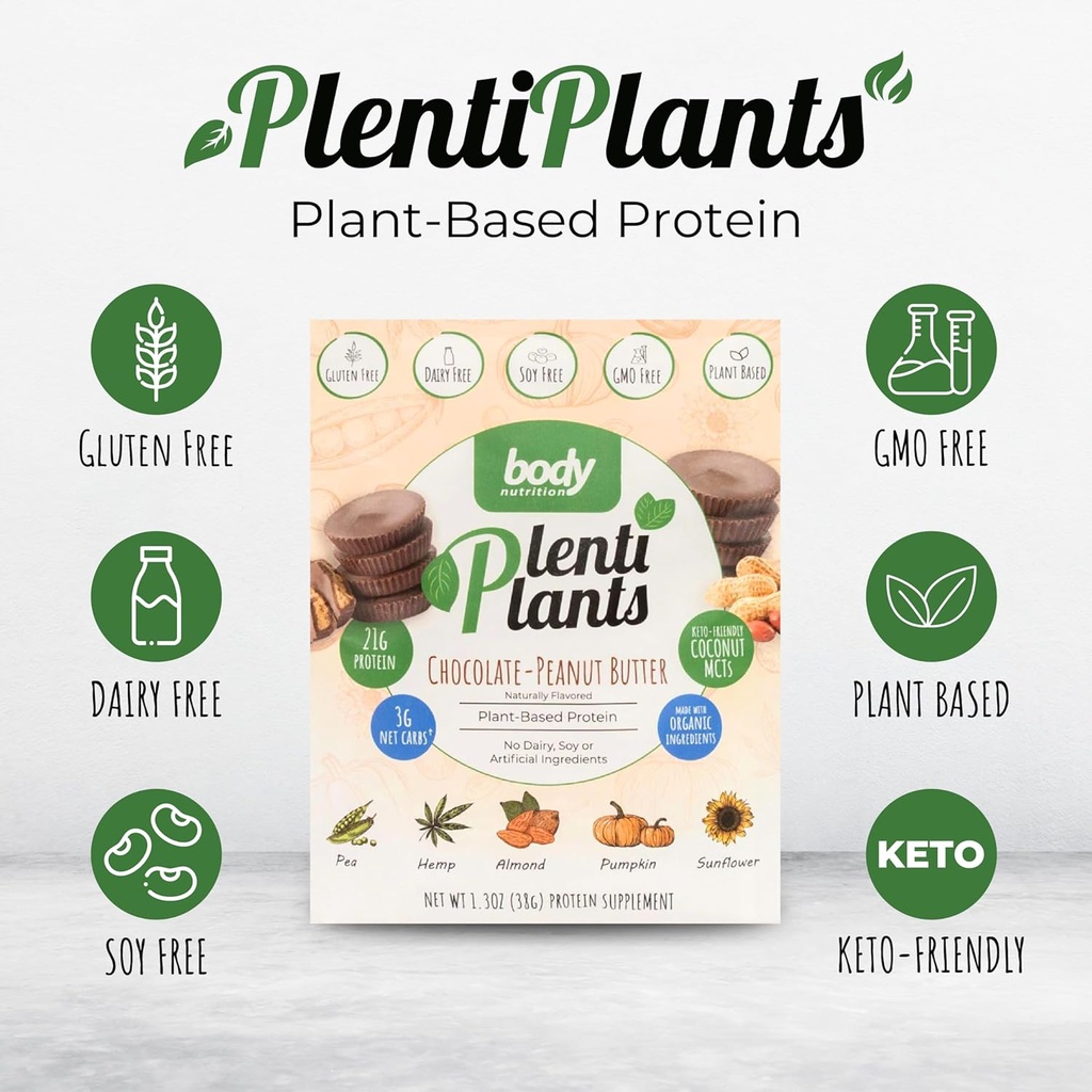 Body Nutrition Plentition Plant Plant Based Protein Powder, Dairy- Free Protein Without Soy or Umělé přísady, Přirozeně ochucený organický rostlinný protein Shake, čokoládové arašídové máslo, 38 g