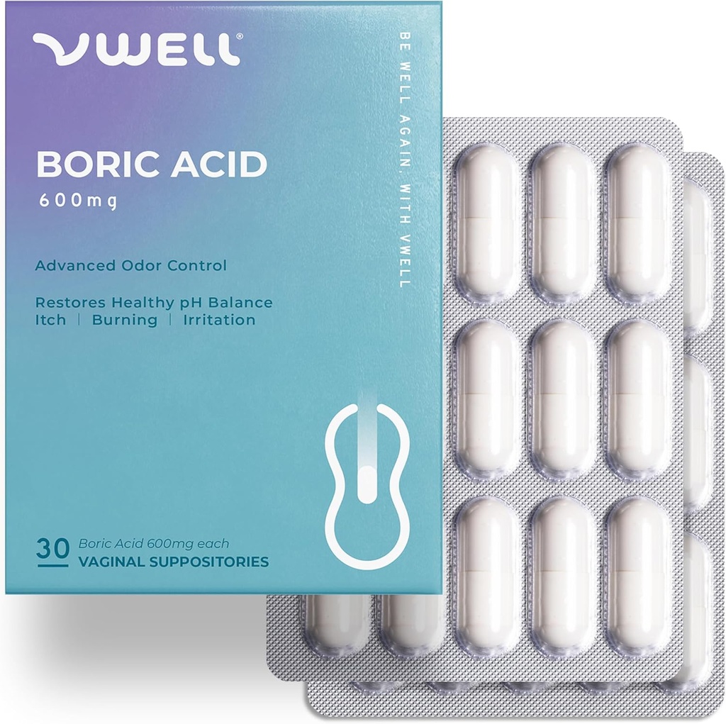 VWell kyselina boritá vaginální suppositories - Udržuje a vyrovnává zdravé vaginální pH a mikrobiom spravovat zápach ltch pálení Irritation intimity - Doporučené lékaři (Jedna velikost, 30, Počet)