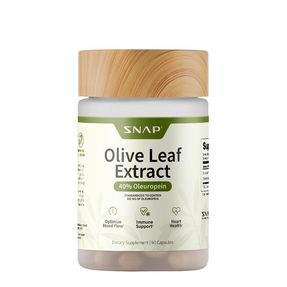 Snap doplňky Olive Leaf Extract Kapsle - Super síla 40% Oleuropein pro podporu krevního toku, Zlepšení trávení, Antioxidant Boost dodatek, Zlepšení funkce mozku (60 Kapsle)