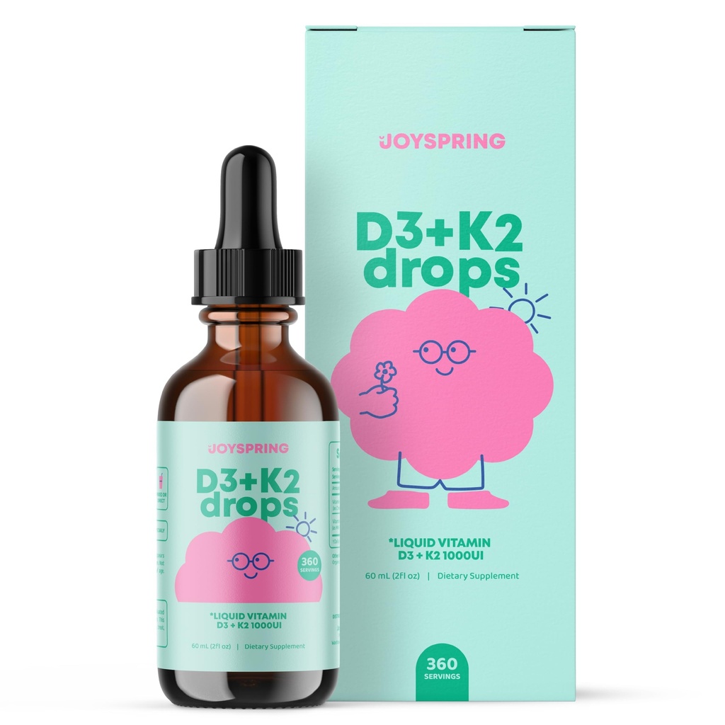 JoySpring Vitamin D3 Děti Kapky s K2 - Tekutý dodatek pro absorpci vápníku a společné zdraví - 360 Servings (2 fl oz) - Vitamin D Děti věku 3-18