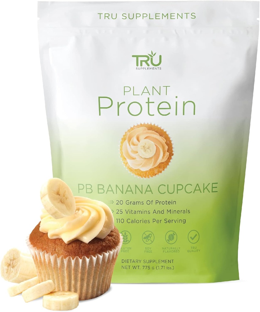 Bílkovinný prach na bázi rostlin TRU, BCAA, EAA, 20g Vegan Brown Rice & Pea Protein, 100 Calories, 27 Vitamíny, Žádné umělé Flavors 25 Dorty (arašídové máslo banán Cupcake)
