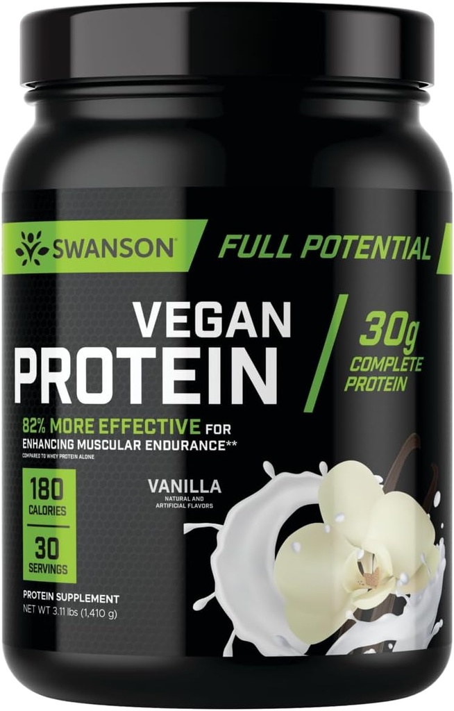 Swanson Full Potenciální Vegan Protein - Vanilla Flavor, celý Vegan Protein prášek pro budování a obnovu svalů - 30 g