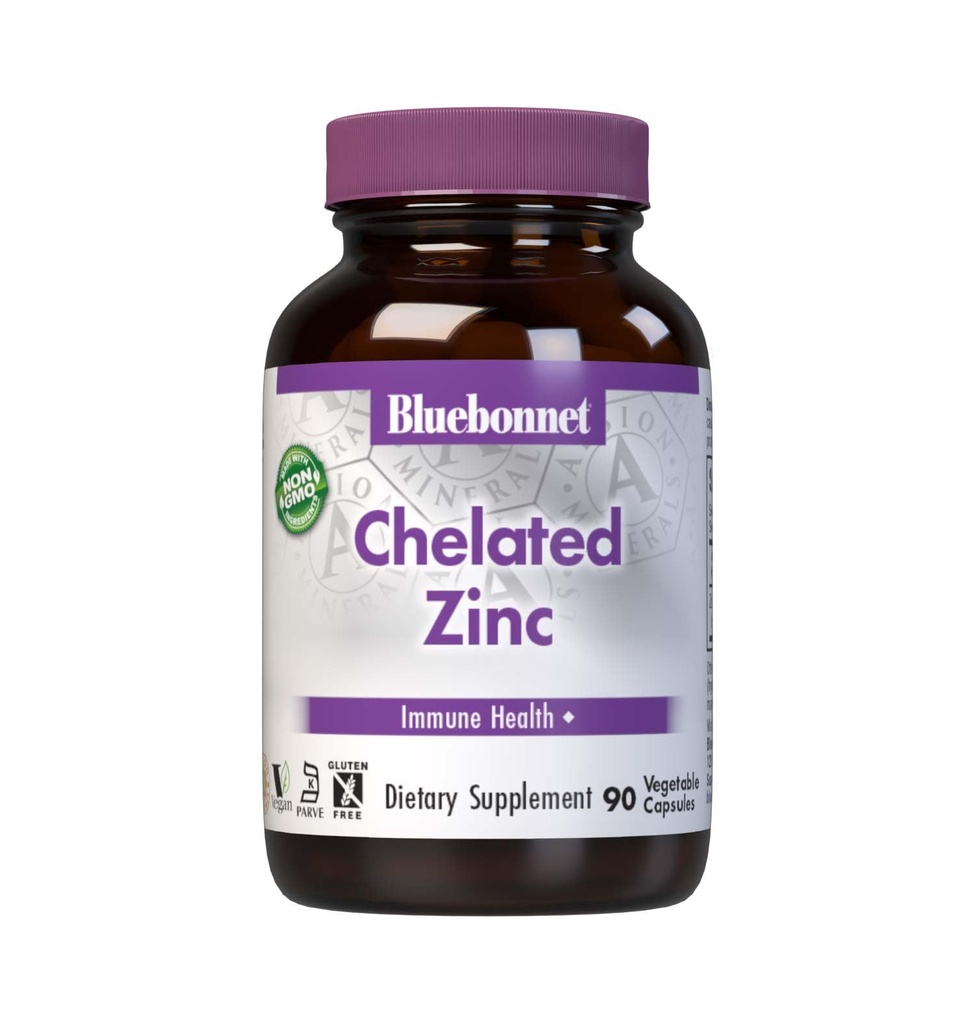 Bluebonnet Nutrition Albion Chelated Zinek, Pro imunitní zdraví a enzym funkce *, Soy- Free, gluten- Free, Non-GMO, Kosher Certified, Dairy- Free, Vegan, 90 Zeleninové kapsle, 90 Služeb
