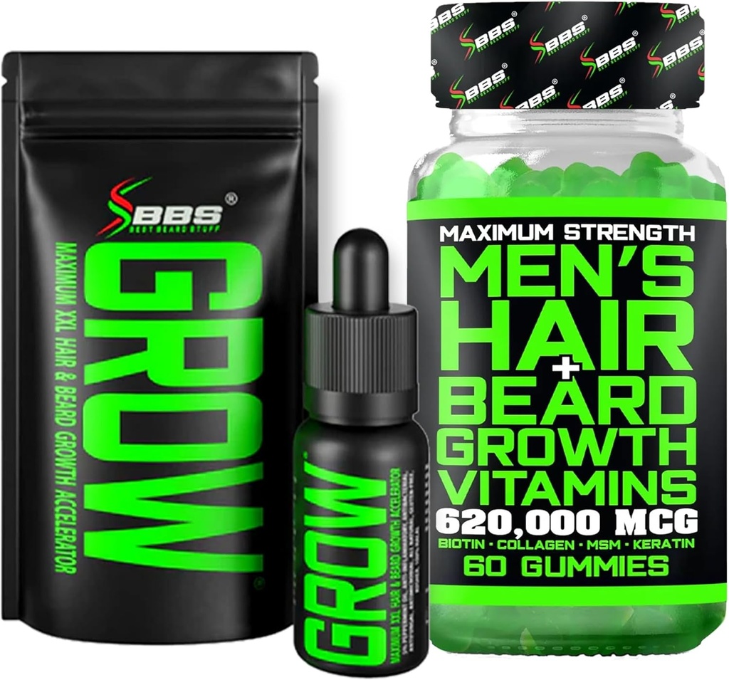 Beard Growth Kit w / Grow XXL Beard Oil / Sérum pro růst obličejových vlasů pro muže + Maximální síla 620,000mcg 14- in-1 BIOTIN Facial Hair Growth Vitamíny pro muže - Vyrobeno v Americe