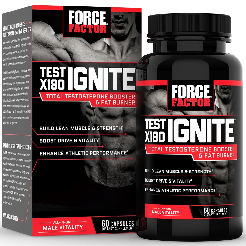 FORCE FACTOR Test X180 Ignite Total Testosteron Booster pro muže s Fenugreek Seed a Zelený čaj Extract stavět Lean Muscle, Boost Energy, a zlepšit výkon, 60 Počet