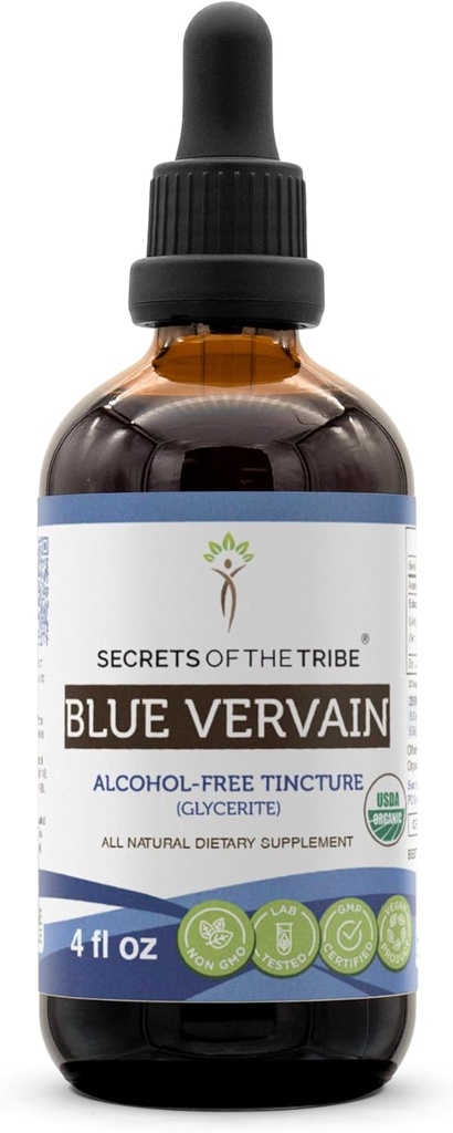 Secrets of the Tribe Blue Vervain USDA Organic CLANE124; Alcohol- Free Extract, High- Potency Herbal Drops CLANE124; Made from 100% Certified Organic Blue Vervain (Verbena Hastata) Sured Herb (4 oz)