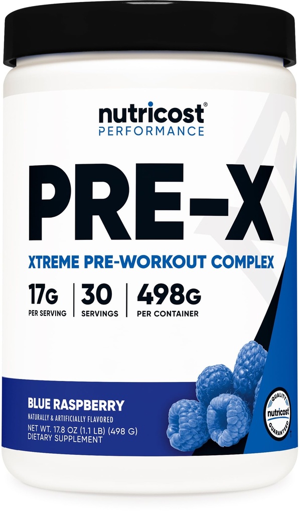 Nutricost Pre- X Xtreme Pre- Workout Powder Complex, Blue Raspberry, 30 Servings, Vegetarian, Non- GMO a gluten zdarma