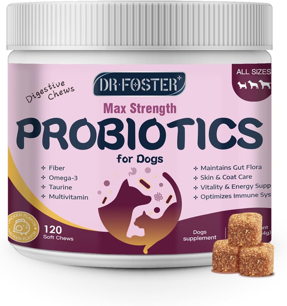 Probiotika pro psy - Psí probiotika pro stravitelné zdraví, prebiotika, trávicí enzymy pro psy s dýní, Omega33, Podpora Gut, imunitní, Průjem, 120 měkkých žvýkaček