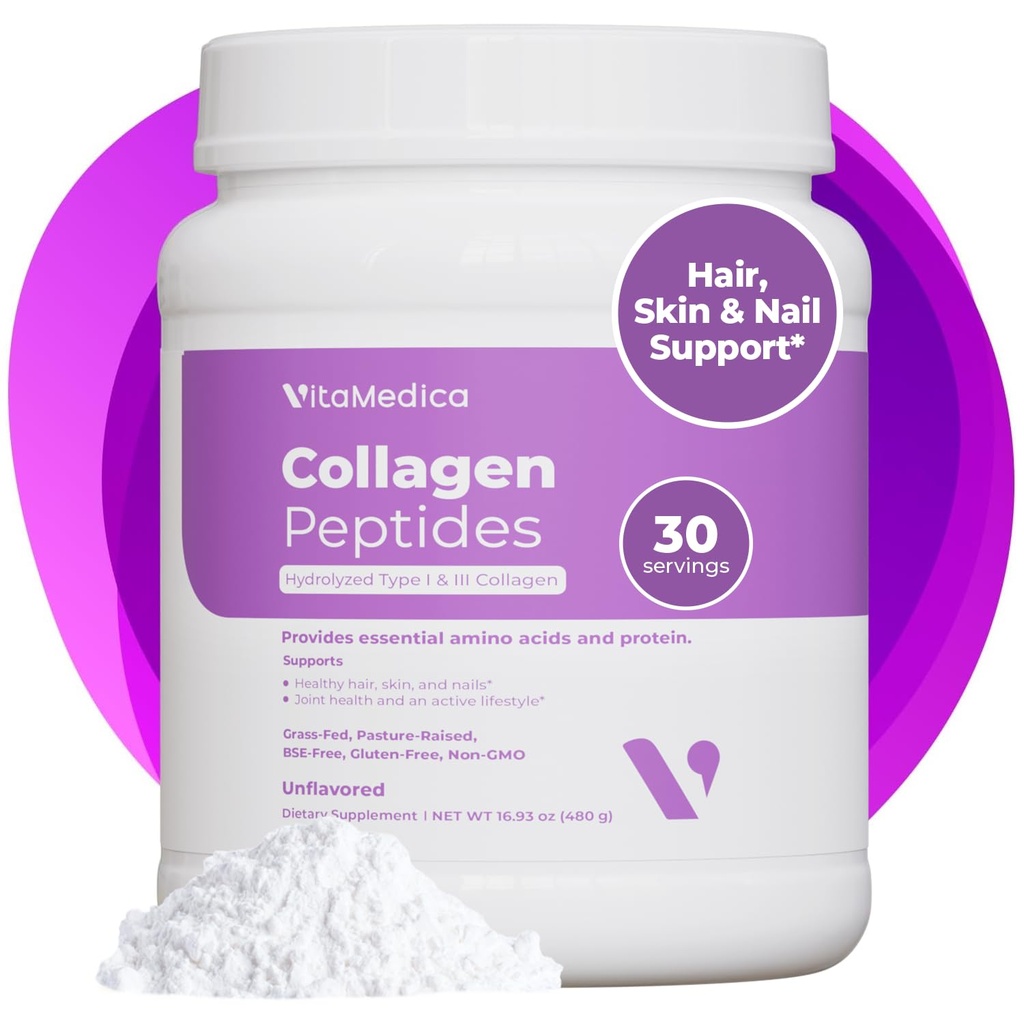 VitaMedica Collagen Peptides Powder for Women & Men - Zdravé vlasy, kůže, nehty, kosti a klouby - Hydrolyzované typy I & III, Grass- Fed, Pasture- Raised Protein, Nulový cukr - 30 Služeb