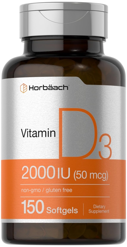 Horbaach Vitamin D3 2000IU Softgels CLAS124; 150 Count CLAS124; 50mcg Cholekalciferol CLAS124; Non- GMO & Gluten zdarma dodatek