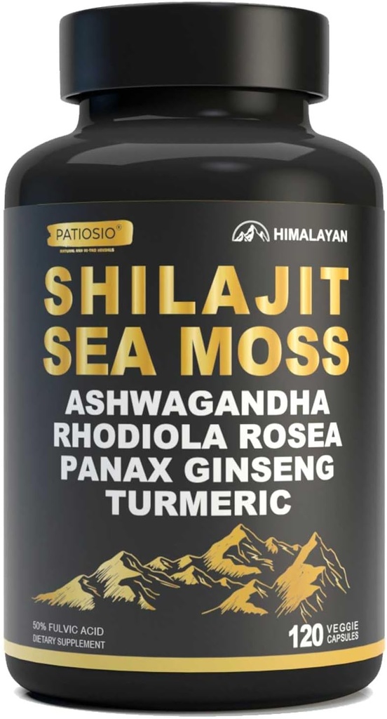Shilajit Kapsle pro muže - 50% Fulvic Acid, 85 + Trace Minerals Pure Himalayan, Shilajit Resin Extract with Sea Moss, Ashwagandha-for Energy, Stamina -120 Kapsle