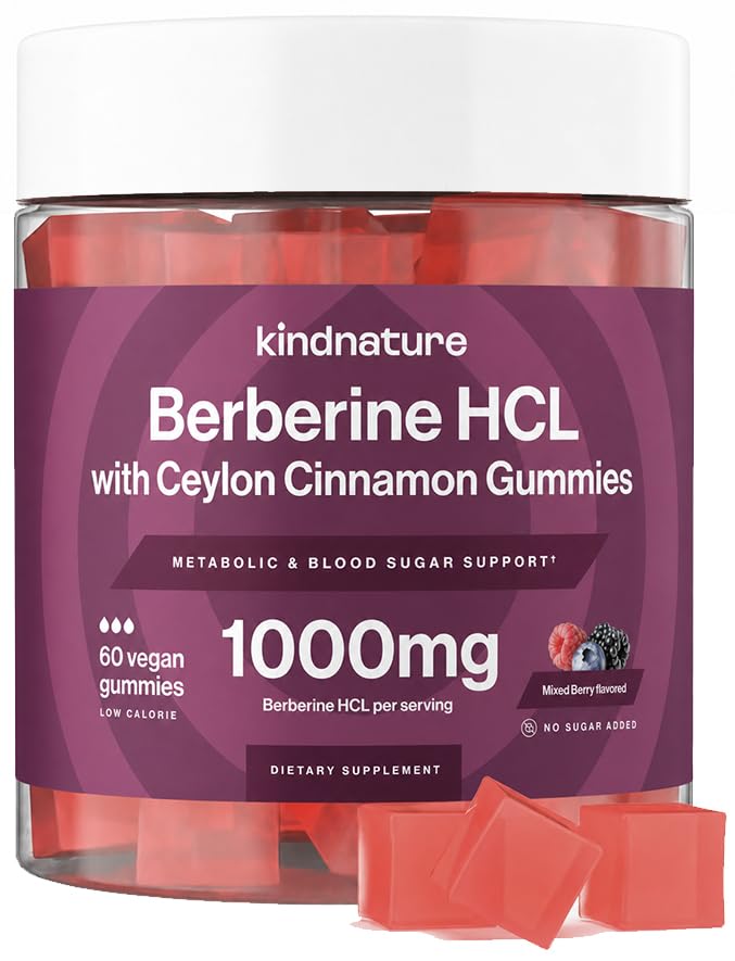 Kindnature Berberine Gummies 1000mg s Ceylon Cinnamon & Resveratrol - Sugar- Free Vegan dodatek pro podporu cukru v krvi, metabolismus, chutě Wellness - Non- GMO, gluten- zdarma