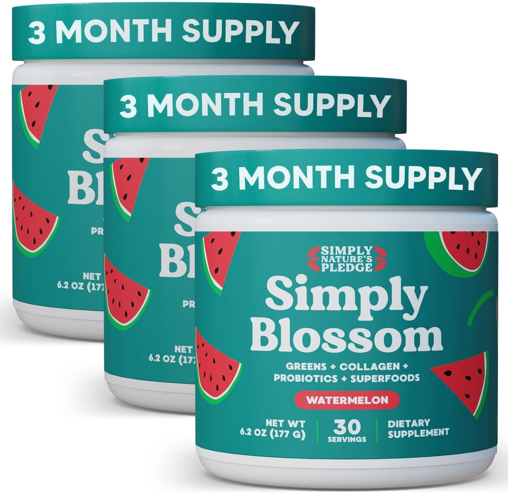 Jednoduše Blossom Nutrition Daily Green & Superfood Powder + Collagen + Probiotika pro ženské stravitelné zdraví a nadýmání úlevy. Nápověda Your Health Bloom - 3 Měsíční zásoba - Meloun
