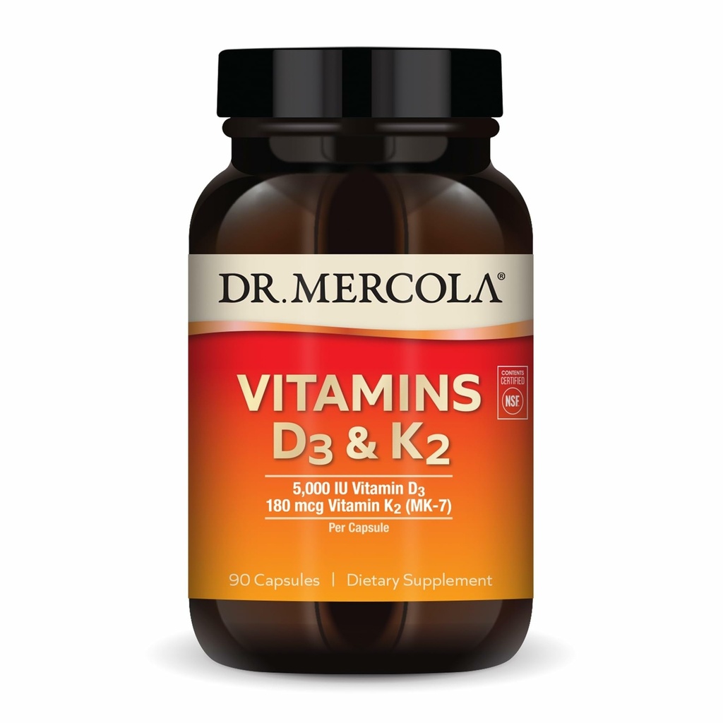 Dr. Mercola Vitamíny D3 & K2 Dietní dodatek, 90 Služební (90 Kapsle), Podporuje srdeční zdraví, imunitní podpora, Non GMO, Soy Free, gluten Free
