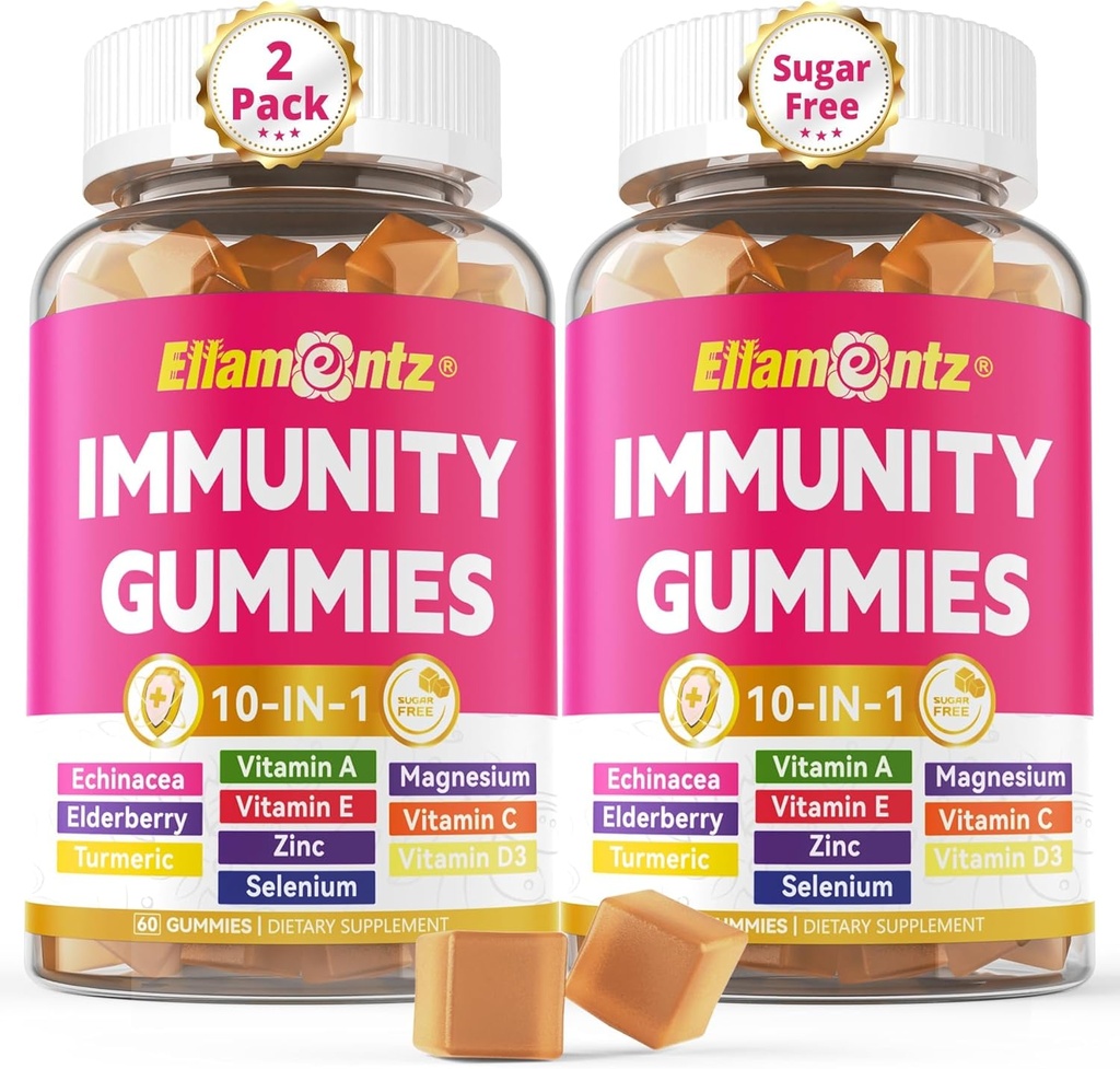 10- In-1 Imunitní gumy s multivitaminy, 100% denně zink, vitamín C & D3 doplněk imunity + Echinacea, Sambucus Elderberry, kurkuma, hořčík, imunitní podpora, celkové zdraví, cukr zdarma, 2 balení