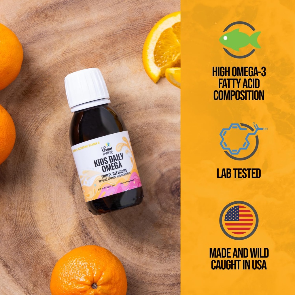 Na Target Living Kids Daily Omega - Fruitylicious Flavor 3.33 oz. GUE 124; Přirozeně Ocurring Vitamíny A & D IR 124; Monk Fruit & Orange Flavor 124; Premium Line Cod Jaterní Oil