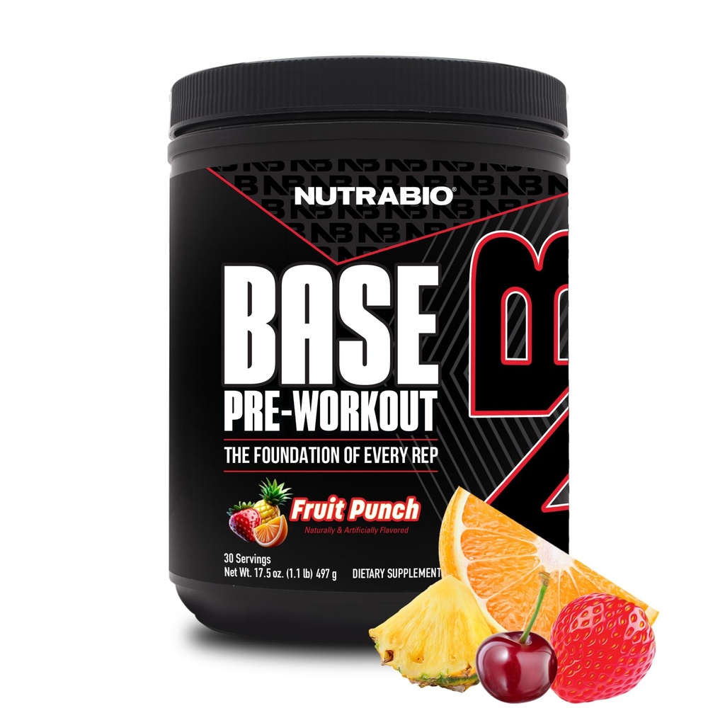 NutraBio Base Pre- Workout Powder 200mg Cattene, Setrvalá energie, Focus, Endurance, Pumpa, Cukr zdarma, Čisté Prework pro muže a ženy - Beta Alanin, L-Tyrosin, 30 Služebné - Ovocný punč