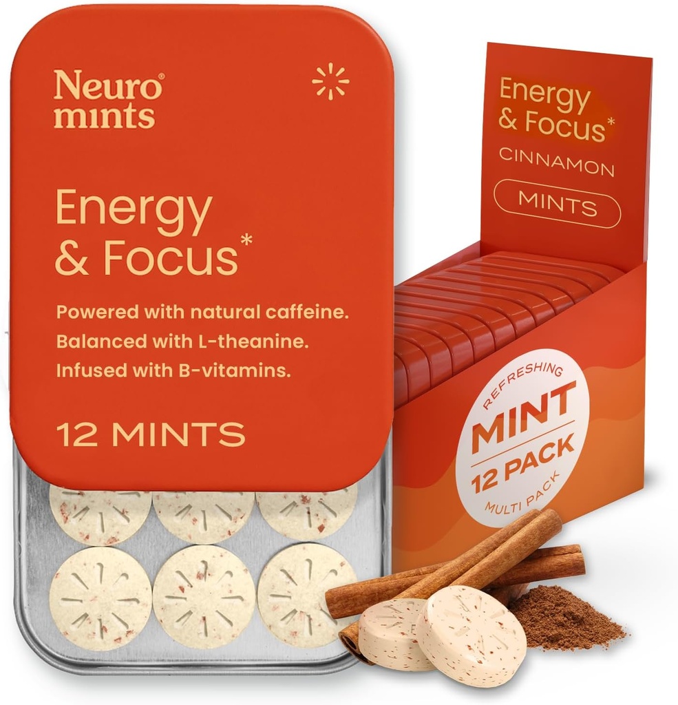 Neurogum Energy Caffeine Mints (144 kusů) - Bez cukru s L- theanine + přírodní kofein + vitamín B12 & B6 - Nootropní energie a Focus dodatek pro ženy a muže - Keto & Vegan, Skořice Flavor