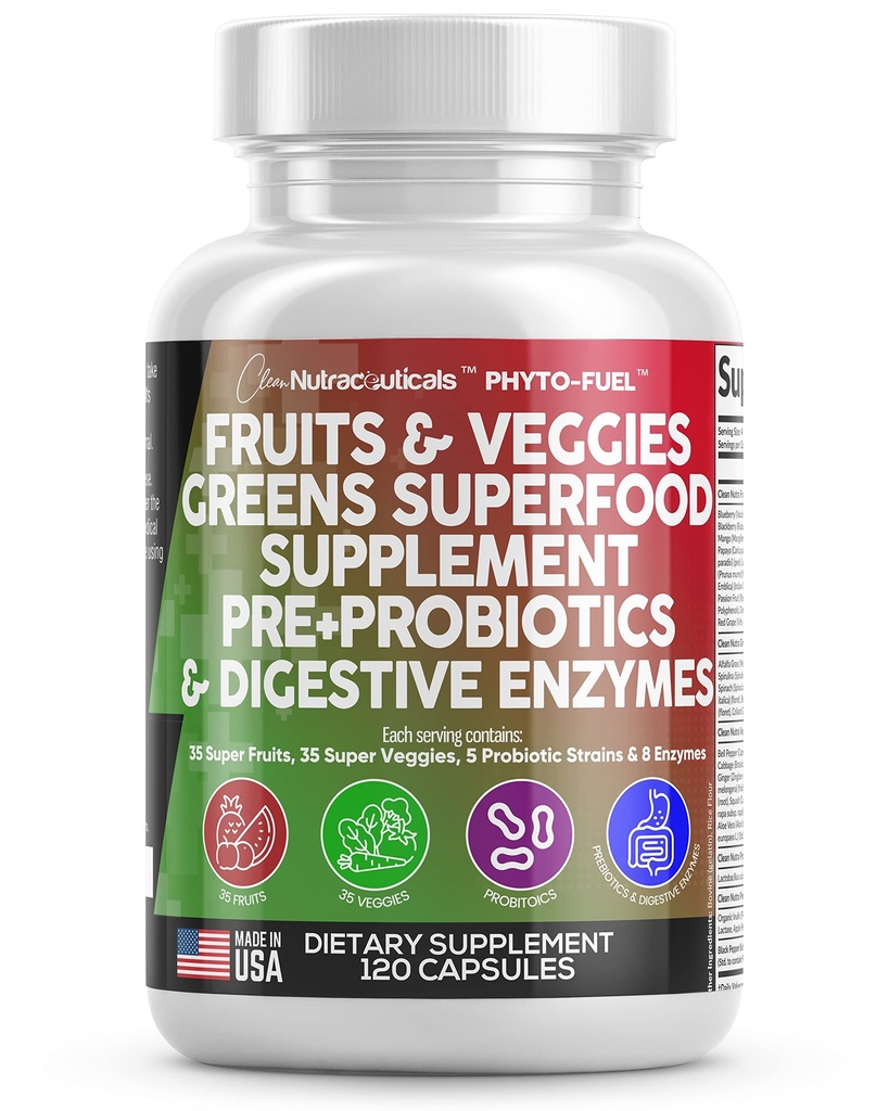 Čisté nutraccis Ovoce a zelenina Dodatek Červené a Zelené Superfood - Balance více než 70 Ovoce a zeleninové doplňky Kapsle s Probiotika Prebiotika Dědičné Enzymy - 120 Ct USA