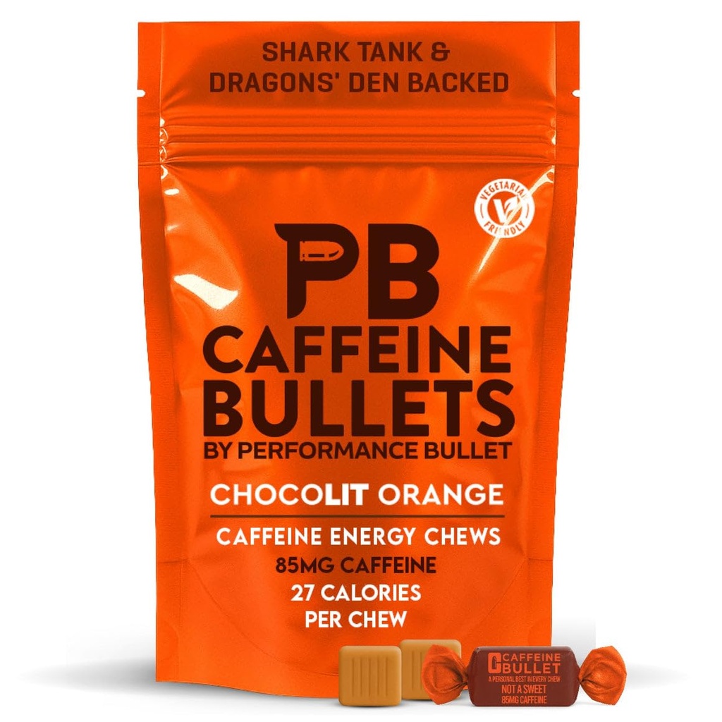 Kofein Bullet Energy Chews - Chocolate Orange. 40 * 85mg - Rychlejší Kick Than Pills, Gels a Gum. Sport Science for running, Cycling, Gaming & A Pre Workout Endurance Boost.