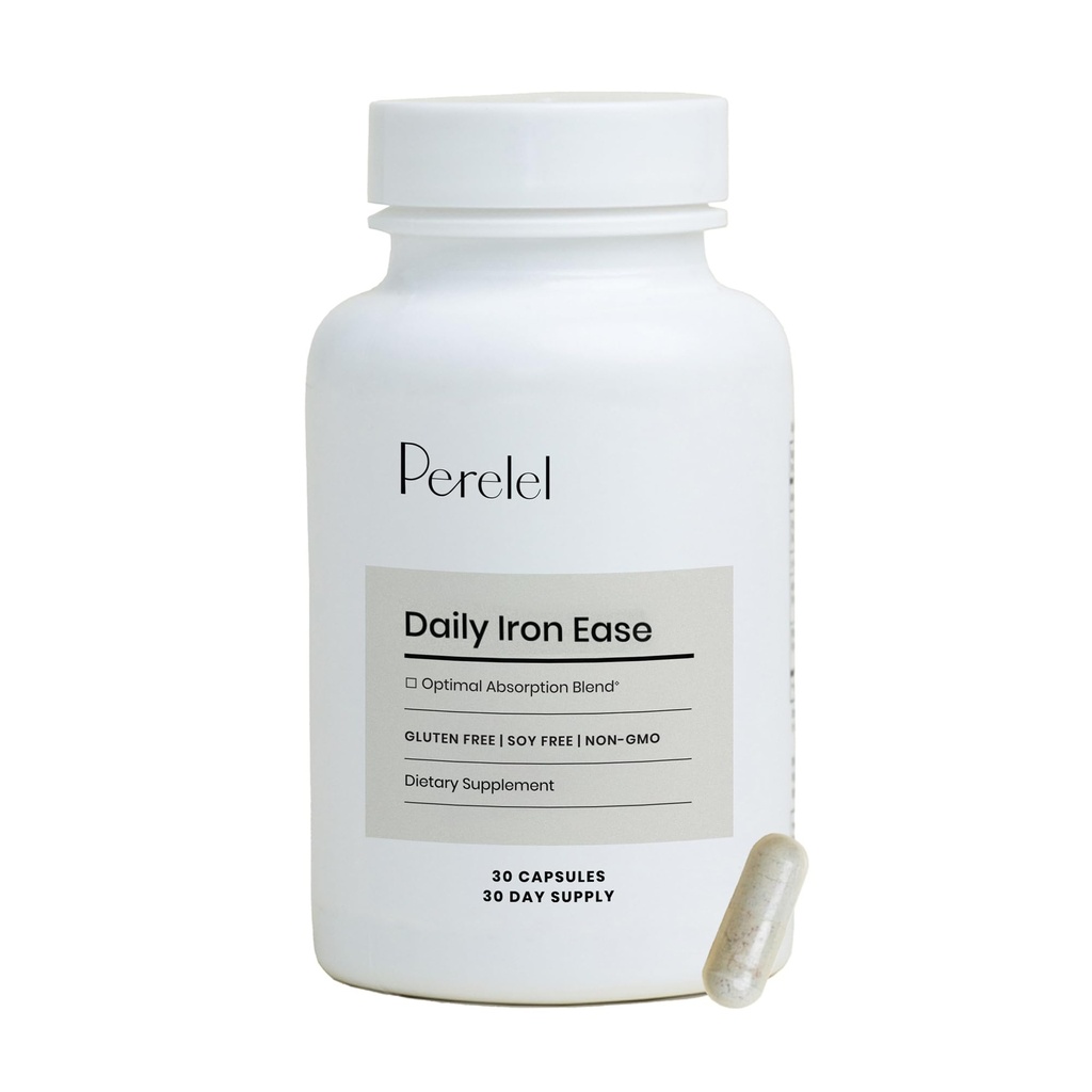 Perelel Daily Iron Ease, 15MG Železné doplňky s hořčík, Vitamin C, & Vitamin B12 pro Nutrient & Energy Support, Kapsle pro ženy a muže, Soy, mléčný a gluten zdarma, non GMO, 30 pilulky