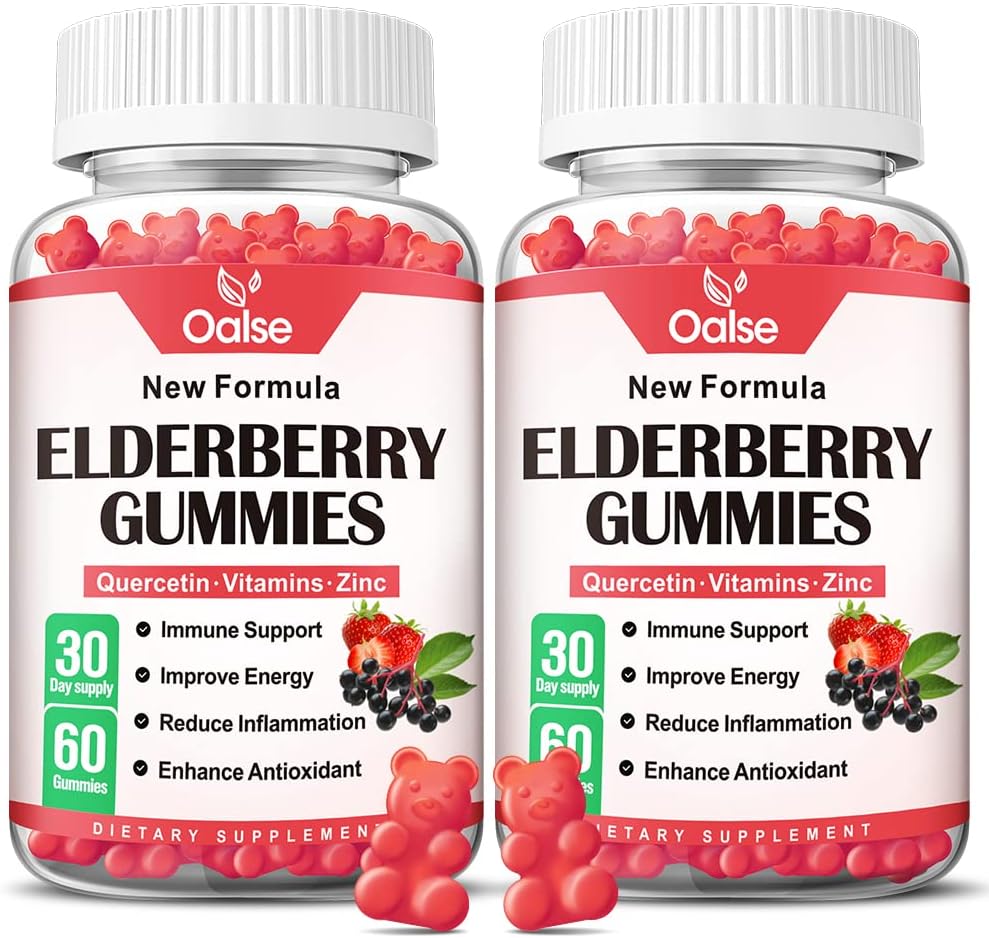 Organické Elderberry Gummies pro děti a dospělé - Sambucus Black Elderberry Gummies + Zinek a vitamin C & D3 Podpora imunitní obrany Svalová síla Zubní zdraví [60 Počet (balení 2)]