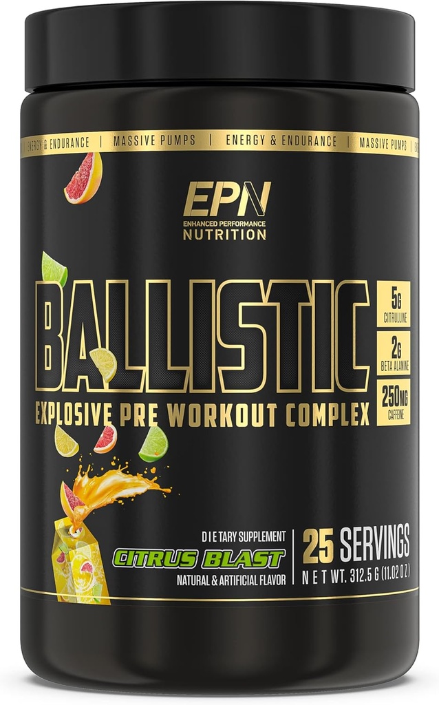 BalLISTIC Pre Workout 124; # 1 New Pre Workout Powder w / Nitric Oxide Booster, Elektrolyty, Kofein & Nootropics 124; Šílené čerpadla, Focus, Stamina, Energie, Hydrace pro muže a ženy - Citrus Blast