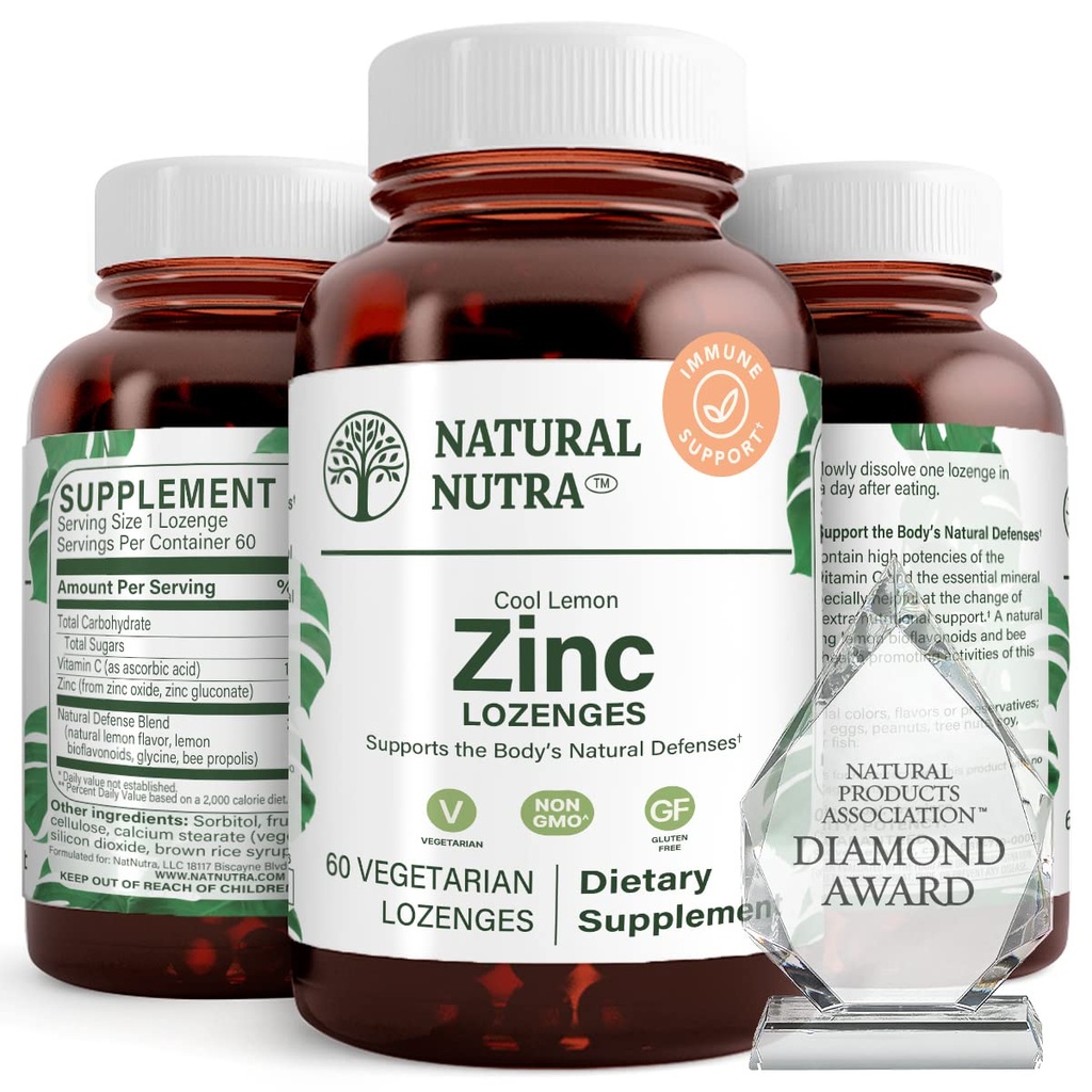 Přírodní Nutra zink Lozengy s vitaminem C, Lemon Flavor, Podpora imunitní, nervový systém & síla kostí, opevněné bioflavonoidy a Bee Propolis, Sublingual Zink Gluconate, 60 Vegetarian