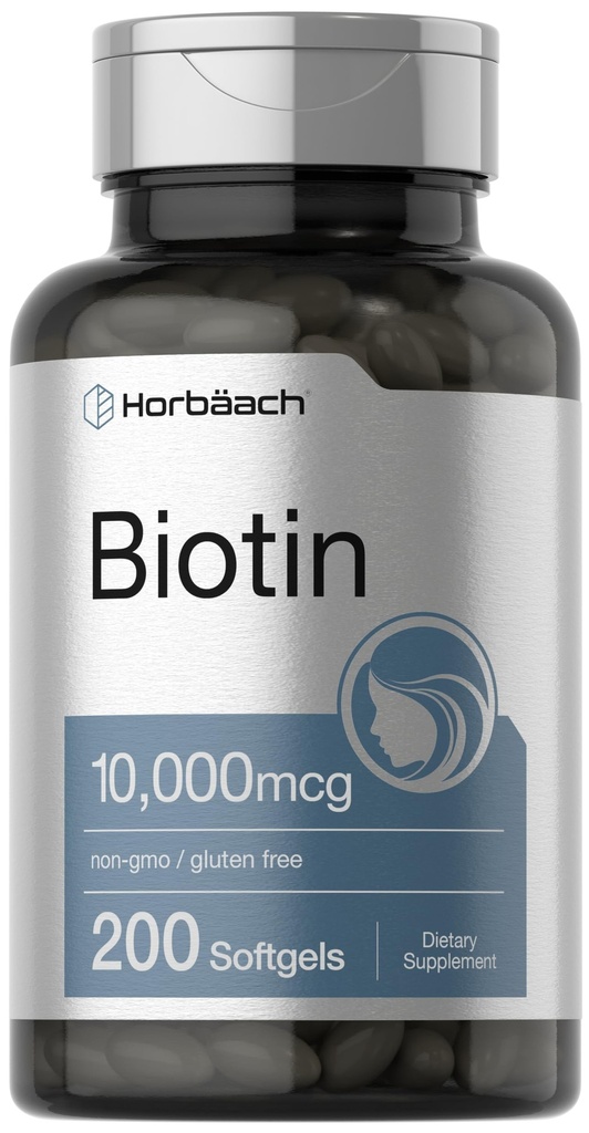 Horbaach Biotin 10000 mcg colum124; 200 Softgels s vitaminem B7 colum124; Kosmetický doplněk colum124; Non- GMO & gluten zdarma