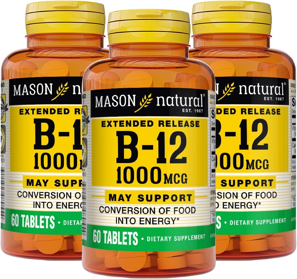 MASON NATURAL B-12 1000Mcg Extended Cyanokobalamin Extended Release Tablet, 60- Count Lattles (balení po 3)