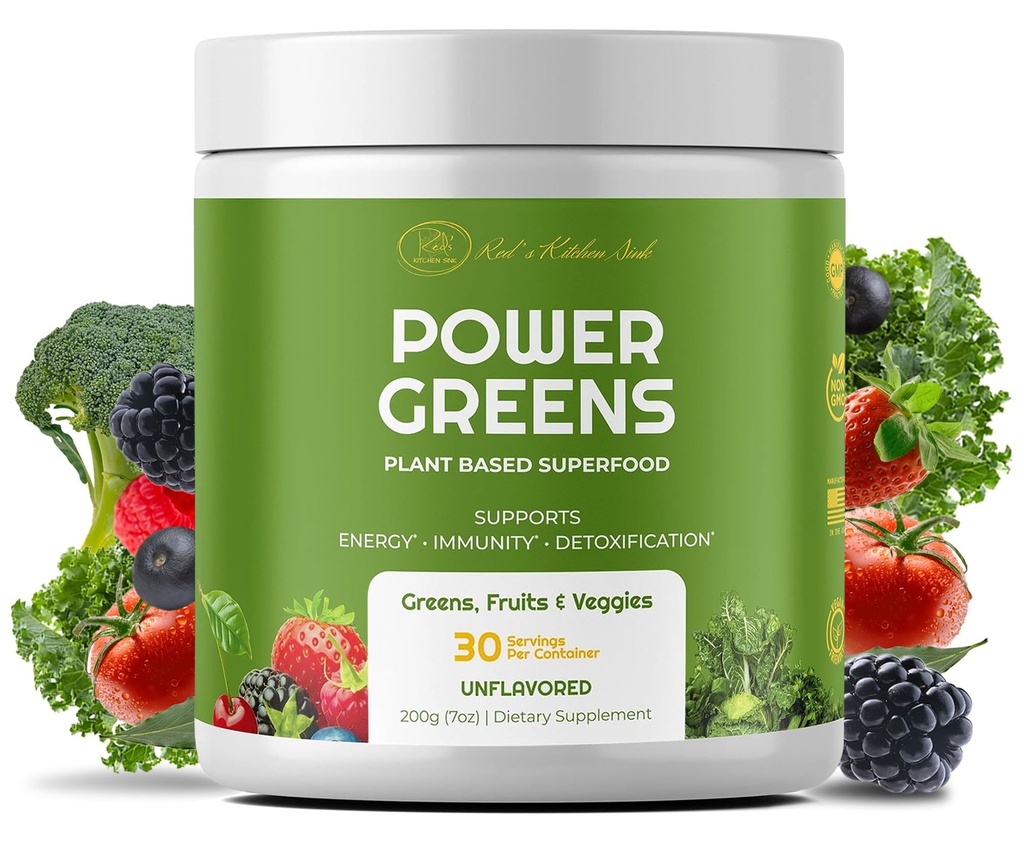 Red 's Kitchen Sink Power Green Powder - Daily Green Superfood Powder - Ovoce, Veggie, & Green Leafy Smoothie Drink Mix - Superfoods Maca Root, Spirulina, Chlorella, & Více (200 gramů)