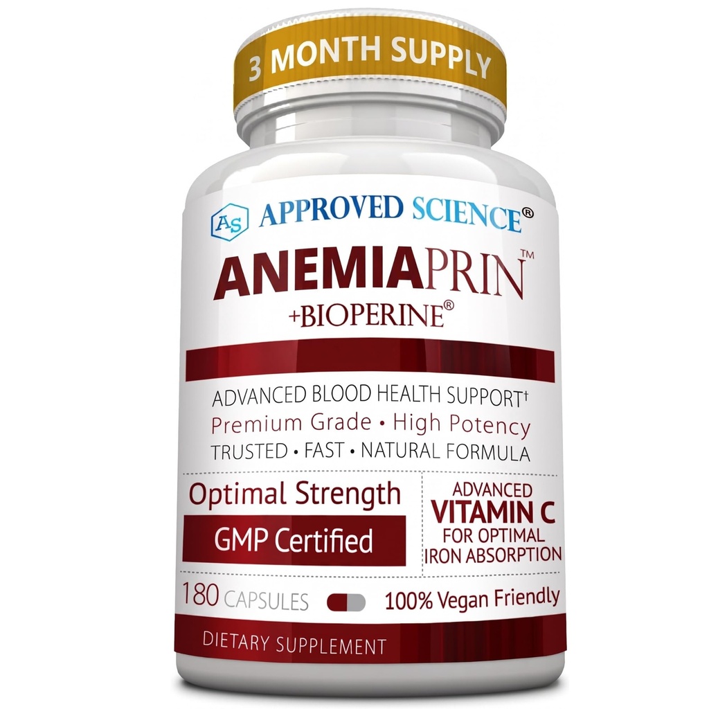 Schválená věda Anemiaprin - Absorbovatelné železo, Vitamin C - Gentle On Stomach - 180 Kapsle - 3 Měsíční zásoba - Non- GMO, Vegan